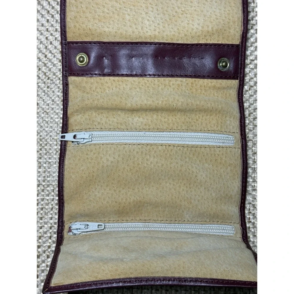 Mark Cross Leather Tri Fold Travel Pouch Burgundy Tie Lux Jewelry Roll Organizer